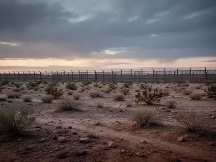 Eine weitläufige, staubige Grenzlandschaft bei Dämmerung mit karger Vegetation und einem fernen Grenzzaun unter bewölktem Himmel. - Foto: über boerse-global.de