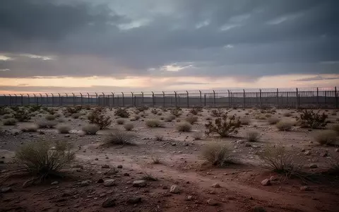 Eine weitläufige, staubige Grenzlandschaft bei Dämmerung mit karger Vegetation und einem fernen Grenzzaun unter bewölktem Himmel. - Foto: über boerse-global.de