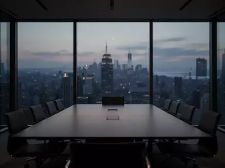 Minimalistischer Konferenzraum mit Blick auf eine nächtliche Stadtkulisse, der eine Atmosphäre strategischer Unternehmensführung vermittelt. - Foto: über boerse-global.de