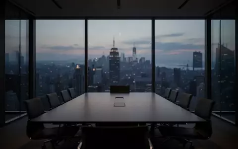 Minimalistischer Konferenzraum mit Blick auf eine nächtliche Stadtkulisse, der eine Atmosphäre strategischer Unternehmensführung vermittelt. - Foto: über boerse-global.de