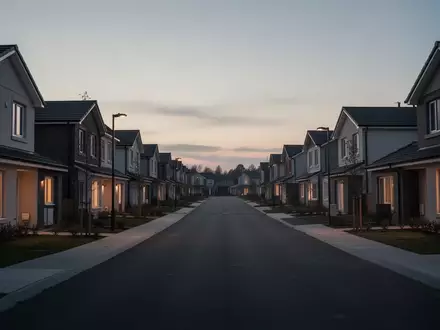 Eine ruhige Wohnstraße in der Abenddämmerung mit beleuchteten Fenstern, die Sicherheit und häusliche Privatsphäre vermittelt. - Foto: über boerse-global.de