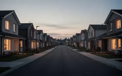 Eine ruhige Wohnstraße in der Abenddämmerung mit beleuchteten Fenstern, die Sicherheit und häusliche Privatsphäre vermittelt. - Foto: über boerse-global.de