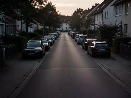 Leere Wohnstraße bei Dämmerung mit parkenden Fahrzeugen in der Ferne. - Foto: über boerse-global.de