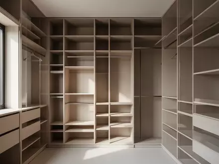 Ein minimalistisch gestalteter begehbarer Kleiderschrank mit leeren, ordentlich strukturierten Holzregalen bei natürlichem Licht. - Foto: über boerse-global.de