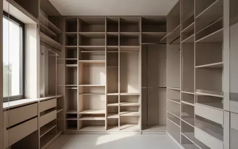 Ein minimalistisch gestalteter begehbarer Kleiderschrank mit leeren, ordentlich strukturierten Holzregalen bei natürlichem Licht. - Foto: über boerse-global.de