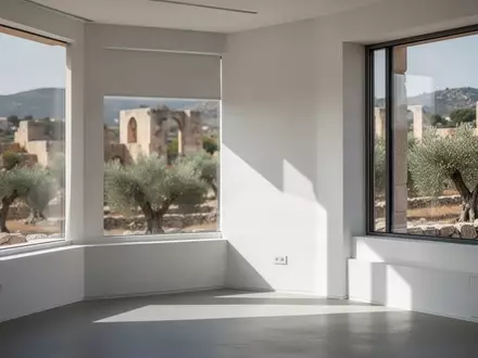 Ein minimalistischer, heller Büroinnenraum mit geometrischen Schatten und Blick auf eine mediterrane Landschaft. - Foto: über boerse-global.de