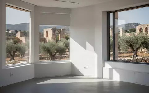 Ein minimalistischer, heller Büroinnenraum mit geometrischen Schatten und Blick auf eine mediterrane Landschaft. - Foto: über boerse-global.de