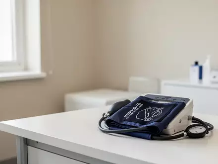 Ein medizinisches Blutdruckmessgerät in einem hellen, aufgeräumten Behandlungsraum einer Hausarztpraxis. - Foto: über boerse-global.de