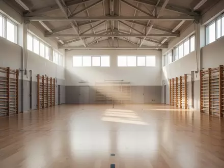 Leere, helle Sporthalle mit Parkettboden und Kletterstangen an der Wand. - Foto: über boerse-global.de