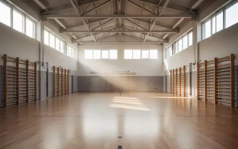 Leere, helle Sporthalle mit Parkettboden und Kletterstangen an der Wand. - Foto: über boerse-global.de