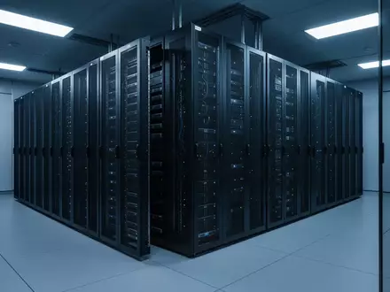 Moderne Serverarchitektur in einem abgedunkelten Raum mit blauer Beleuchtung zur Symbolisierung von IT-Sicherheit. - Foto: über boerse-global.de