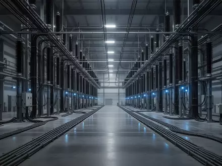 Leere, industrielle Infrastrukturhalle mit massiven Stahlkabelkanälen und technischer Verkabelung in gedimmtem Licht. - Foto: über boerse-global.de