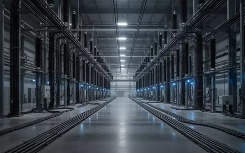 Leere, industrielle Infrastrukturhalle mit massiven Stahlkabelkanälen und technischer Verkabelung in gedimmtem Licht. - Foto: über boerse-global.de
