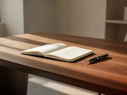Ein minimalistischer Schreibtisch aus Holz mit einem geöffneten Notizbuch und einem Füllfederhalter in sanftem Morgenlicht. - Foto: über boerse-global.de
