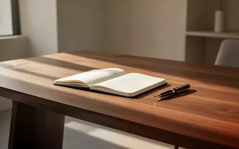 Ein minimalistischer Schreibtisch aus Holz mit einem geöffneten Notizbuch und einem Füllfederhalter in sanftem Morgenlicht. - Foto: über boerse-global.de