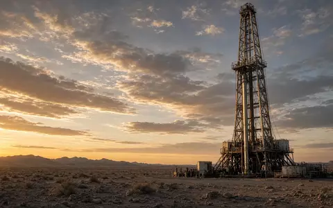 Industrielle Bohranlage in einer Wüstenlandschaft bei Sonnenuntergang. - Foto: über boerse-global.de