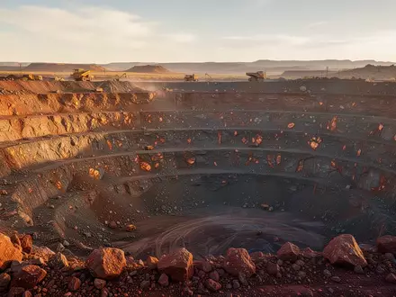 Offener Kupfertagebau in einer weitläufigen Wüstenlandschaft bei Sonnenuntergang. - Foto: über boerse-global.de