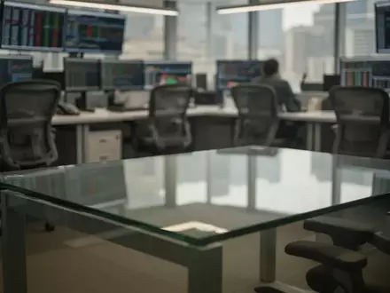 Ein moderner, unbesetzter Arbeitsplatz in einem Finanzbüro mit Blick auf ein verschwommenes Stadtbild von Santiago. - Foto: über boerse-global.de