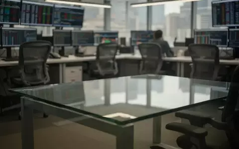 Ein moderner, unbesetzter Arbeitsplatz in einem Finanzbüro mit Blick auf ein verschwommenes Stadtbild von Santiago. - Foto: über boerse-global.de