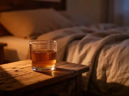Ein Glas mit goldfarbenem Honigwasser auf einem hölzernen Nachttisch in einem abgedunkelten, gemütlichen Schlafzimmer. - Foto: über boerse-global.de