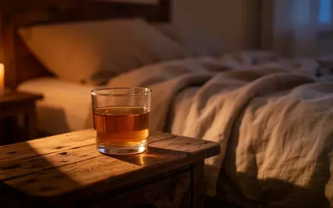 Ein Glas mit goldfarbenem Honigwasser auf einem hölzernen Nachttisch in einem abgedunkelten, gemütlichen Schlafzimmer. - Foto: über boerse-global.de