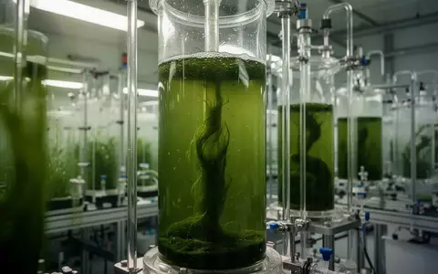 Bioreaktor-Säulen mit Mikroalgenkulturen in einer modernen biotechnologischen Produktionsanlage - Foto: über boerse-global.de