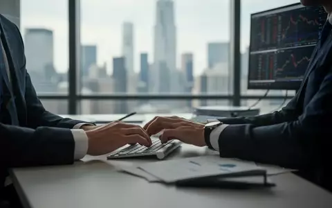 Ein professioneller Finanzhändler an einem modernen Arbeitsplatz mit Blick auf eine Skyline. - Foto: über boerse-global.de
