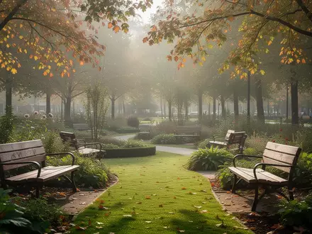 Ein friedlicher, sonnendurchfluteter Park mit leeren Sitzbänken und grünen Wegen, der eine ruhige Atmosphäre vermittelt. - Foto: über boerse-global.de