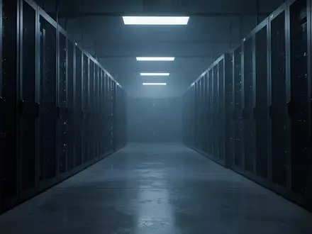 Ein steriler, dunkel beleuchteter Serverraum mit metallischen Schränken und blauem Licht, der eine technologische Umgebung darstellt. - Foto: über boerse-global.de