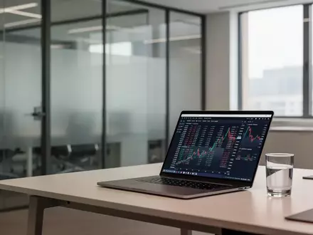 Ein moderner, heller Büroarbeitsplatz mit Laptop und Glas Wasser in einer professionellen Finanzumgebung. - Foto: über boerse-global.de