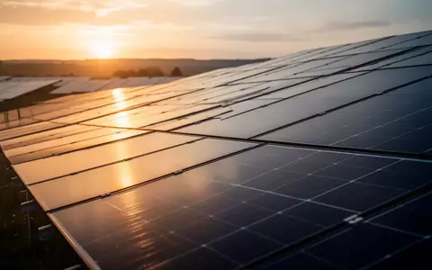 Reihen von Photovoltaik-Paneelen in einem Solarpark bei Sonnenuntergang. - Foto: über boerse-global.de