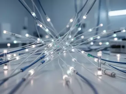Abstraktes Netzwerk aus Sensorknoten und Lichtleitern in einem Forschungslabor zur medizinischen Datenanalyse. - Foto: über boerse-global.de