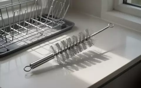 Eine Flaschenbürste liegt auf einer sauberen Küchenoberfläche neben einem Geschirrtrockner. - Foto: über boerse-global.de