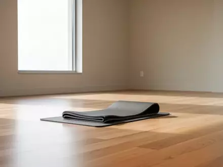 Ein minimalistischer, heller Sportraum mit hellem Holzboden und einer ordentlich zusammengelegten Gymnastikmatte. - Foto: über boerse-global.de