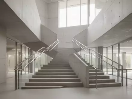 Eine moderne, minimalistische Treppe in einem hellen, institutionellen Gebäude mit klaren Linien und natürlichem Licht. - Foto: über boerse-global.de