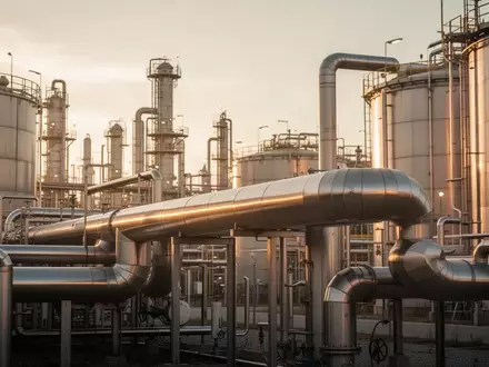 Industrielle Raffinerieanlagen bei Sonnenuntergang vor einem klaren Himmel. - Foto: über boerse-global.de