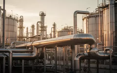 Industrielle Raffinerieanlagen bei Sonnenuntergang vor einem klaren Himmel. - Foto: über boerse-global.de