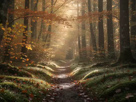 Ein sonnendurchfluteter Waldweg im Herbst mit herbstlich gefärbtem Laub und moosbedecktem Boden als Symbol für mentale Erholung. - Foto: über boerse-global.de