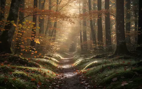 Ein sonnendurchfluteter Waldweg im Herbst mit herbstlich gefärbtem Laub und moosbedecktem Boden als Symbol für mentale Erholung. - Foto: über boerse-global.de