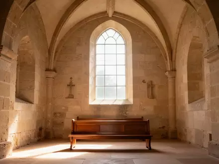 Ein sonnendurchfluteter, leerer Kirchenraum mit hohen Steingewölben und Holzbänken in ruhiger, meditativer Atmosphäre. - Foto: über boerse-global.de