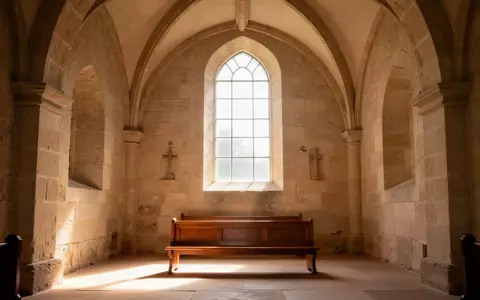 Ein sonnendurchfluteter, leerer Kirchenraum mit hohen Steingewölben und Holzbänken in ruhiger, meditativer Atmosphäre. - Foto: über boerse-global.de