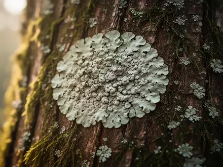 Nahaufnahme einer hellen Flechte auf einem moosbewachsenen Baumstamm im Wald. - Foto: über boerse-global.de