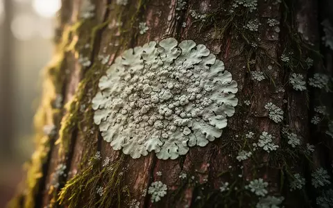 Nahaufnahme einer hellen Flechte auf einem moosbewachsenen Baumstamm im Wald. - Foto: über boerse-global.de