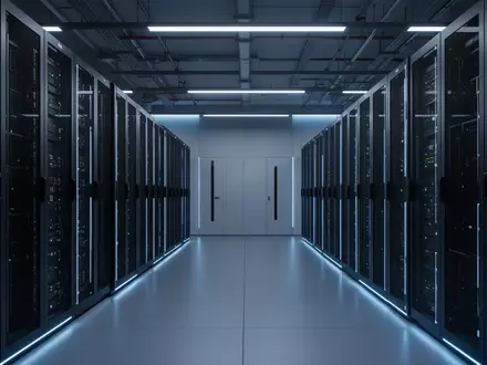 Moderne, aufgeräumte Serverlandschaft in einem klimatisierten Technikraum mit bläulicher Beleuchtung. - Foto: über boerse-global.de