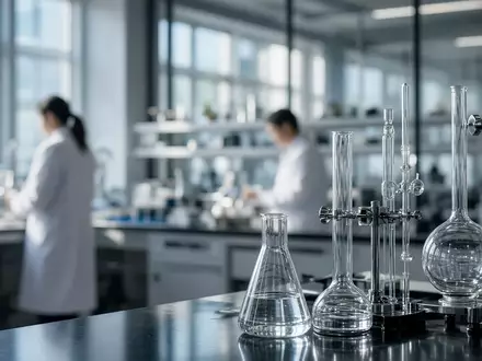 Ein modernes Labor mit Glasgeräten und unscharfen Forschern im Hintergrund, aufgenommen im Stil einer Editorial-Fotografie. - Foto: über boerse-global.de