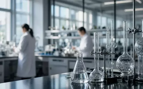 Ein modernes Labor mit Glasgeräten und unscharfen Forschern im Hintergrund, aufgenommen im Stil einer Editorial-Fotografie. - Foto: über boerse-global.de