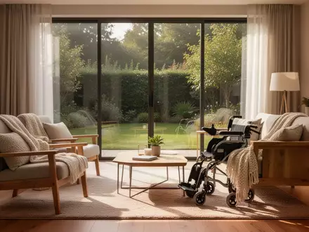 Ein helles, barrierefreies Wohnzimmer mit Holzmöbeln und Blick in einen Garten, das eine ruhige und unterstützende Atmosphäre ausstrahlt. - Foto: über boerse-global.de