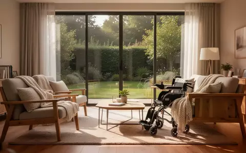 Ein helles, barrierefreies Wohnzimmer mit Holzmöbeln und Blick in einen Garten, das eine ruhige und unterstützende Atmosphäre ausstrahlt. - Foto: über boerse-global.de