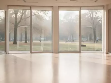 Ein heller, minimalistischer Tanzraum mit Parkettboden und großen Fenstern, die in einen ruhigen Park blicken. - Foto: über boerse-global.de