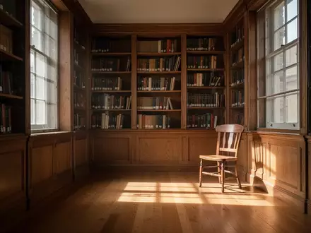 Eine ruhige, lichtdurchflutete Ecke in einer Bibliothek mit hohen Bücherregalen und einem leeren Stuhl. - Foto: über boerse-global.de